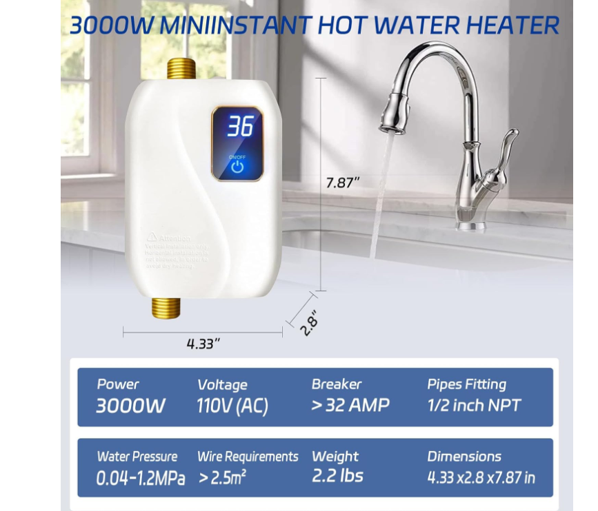Calentador de agua eléctrico sin tanque, 110V, 3000W, calentador de agua eléctrico instantáneo con pantalla digital, apto para baños. - Imagen 3
